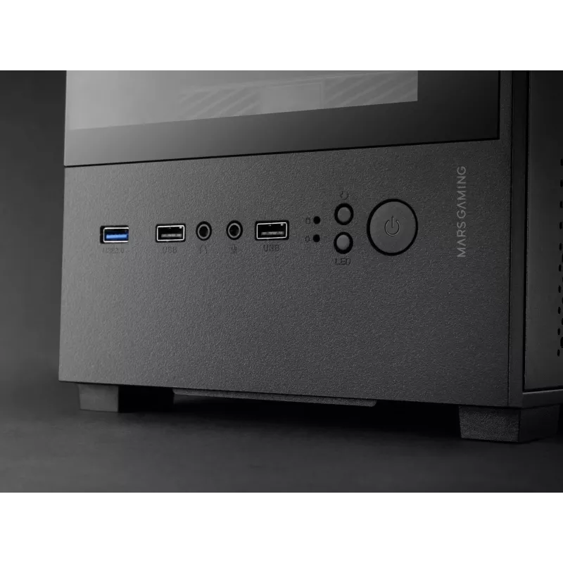 Mini bokso korpusas TACENS Mars Gaming MC-SE2 — Mini-ITX / Micro-ATX, juodas, šoninis langas, maitinimo šaltinis apačioje, palaiko 2x2,5 colio + 1x3,5 colio