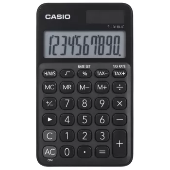 Pagrindinis skaičiuotuvas CASIO SL-310UC-BK – 10 skaitmenų, baterija/saulė, mokesčių ir pelno funkcijos, kišeninis (70×118×8,4 mm), juodas