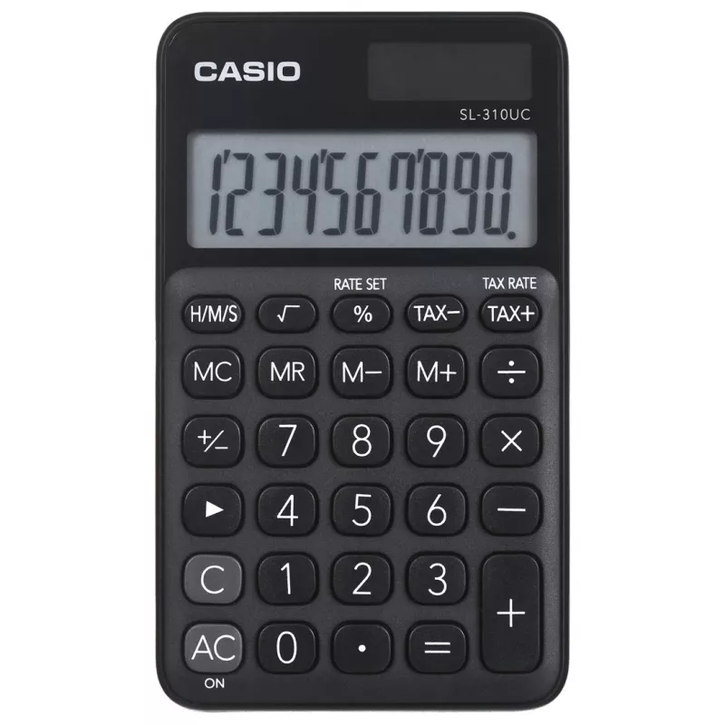 Pagrindinis skaičiuotuvas CASIO SL-310UC-BK – 10 skaitmenų, baterija/saulė, mokesčių ir pelno funkcijos, kišeninis (70×118×8,4 mm), juodas