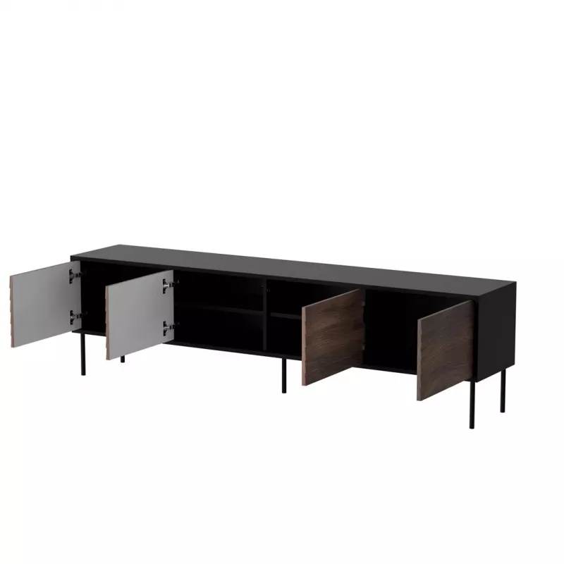 TV spintelė Cama Meble CORTINA 4D 200x40x55 cm, juodas viršus, riešutmedžio fasadai