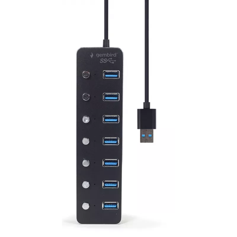 USB šakotuvas Gembird UHB-U3P7P-01, 7 prievadų USB 3.2 Gen 1 (Type-A), 0,24 m laidas, juodas
