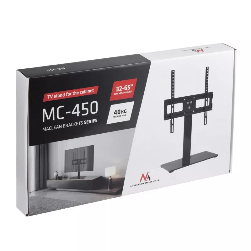 TV stovas MACLEAN MC-450, 32–65 colių, 40 kg, VESA iki 400×400, stalviršinis