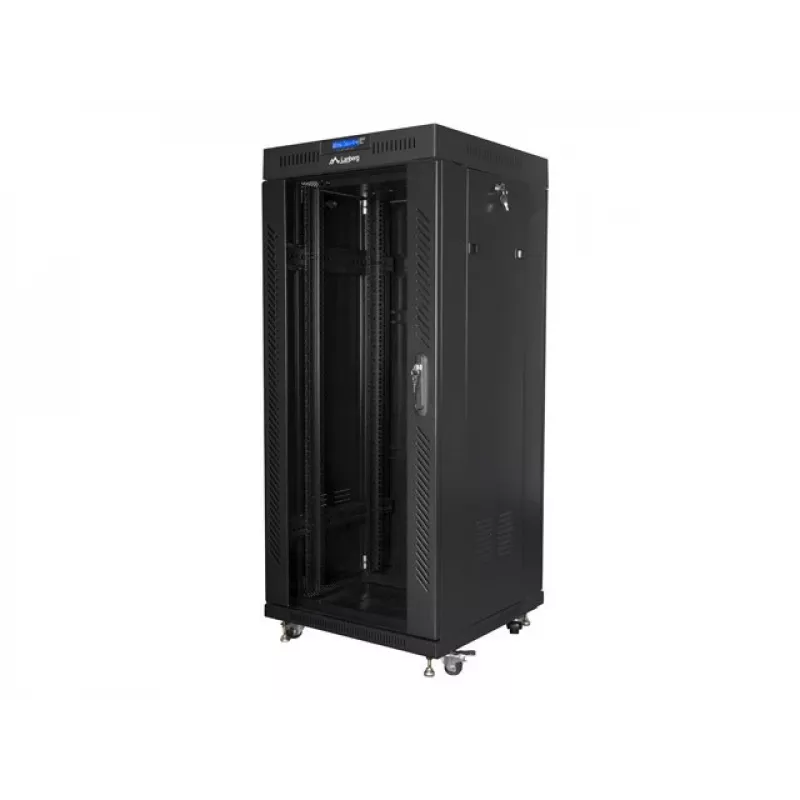Laisvai pastatomas stovas LANBERG FF01-6627-12BL 19 colių 27U 600x600 mm stiklinės durys, 800 kg talpa