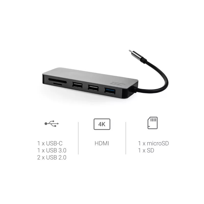 Green Cell AK50 - USB 3.2 Gen 1 Type-C / USB 2.0 / USB 3.2 Gen 1 Type-A / USB 3.2 Gen 1 Type-C / MicroSD / SD - Sidabrinis - Apple MacBook