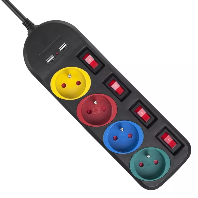 Maitinimo blokas MACLEAN MCE229B – 4 kištukiniai lizdai, 2× USB-A, 1,5 m laidas, 10 A, F tipas, vidaus patalpoms, juoda