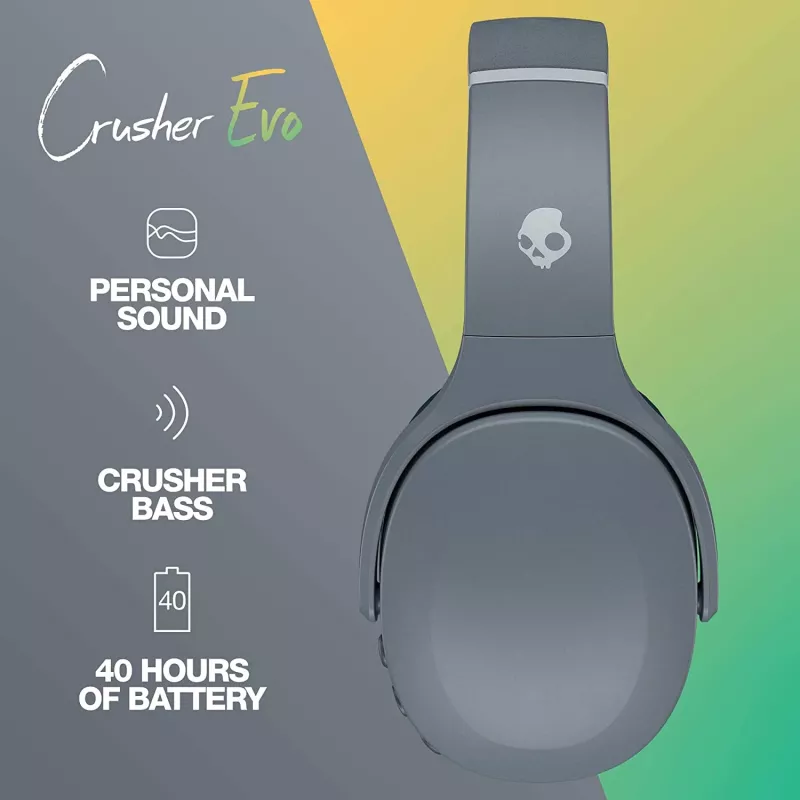 Ausinės Skullcandy Crusher Evo – laidinės ir belaidės, pilkos, 40 h veikimo, USB-C, AUX, sulankstomos