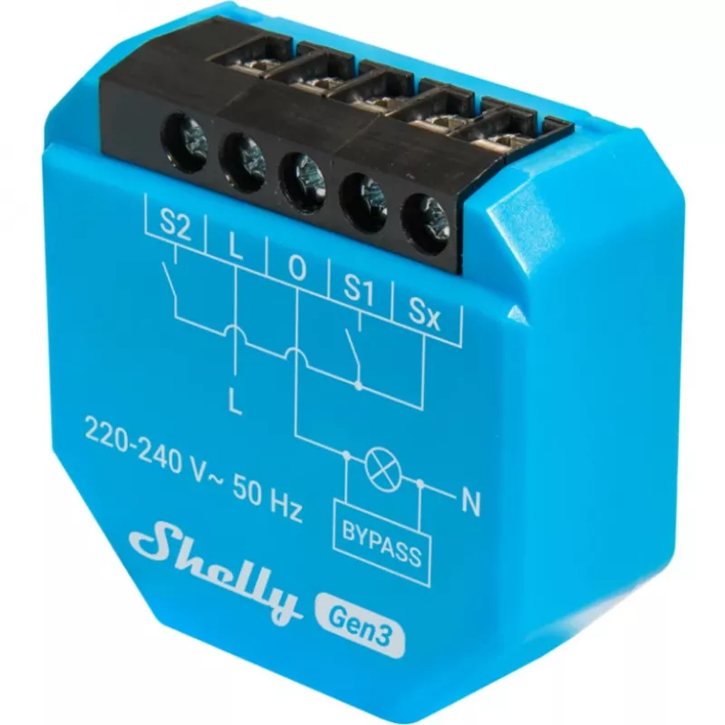 WiFi apšvietimo valdiklis Shelly Shelly_1L_Gen3 — 1 kanalo modulis be nulinio laido, 220–240V, Wi‑Fi/Bluetooth, 802.11 b/g/n