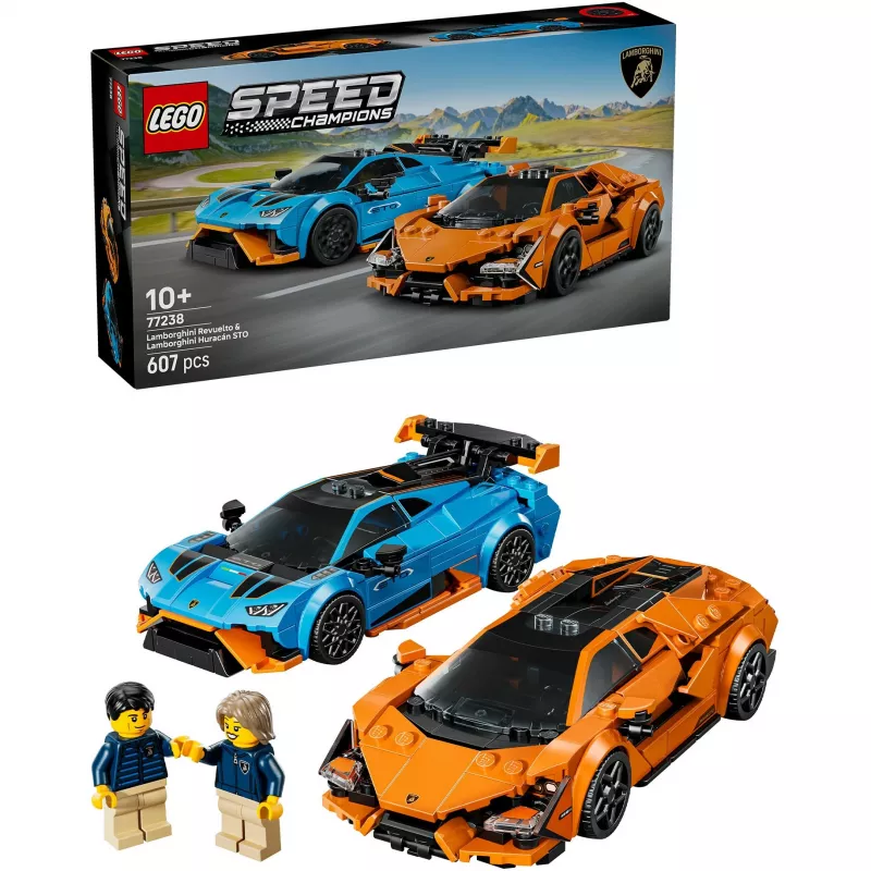 Konstruktorius LEGO Speed Champions rinkinys 77238 – Lamborghini Revuelto ir Huracán STO, 607 dalių, 2 minifigūrėlės, rekomenduojamas amžius 10+