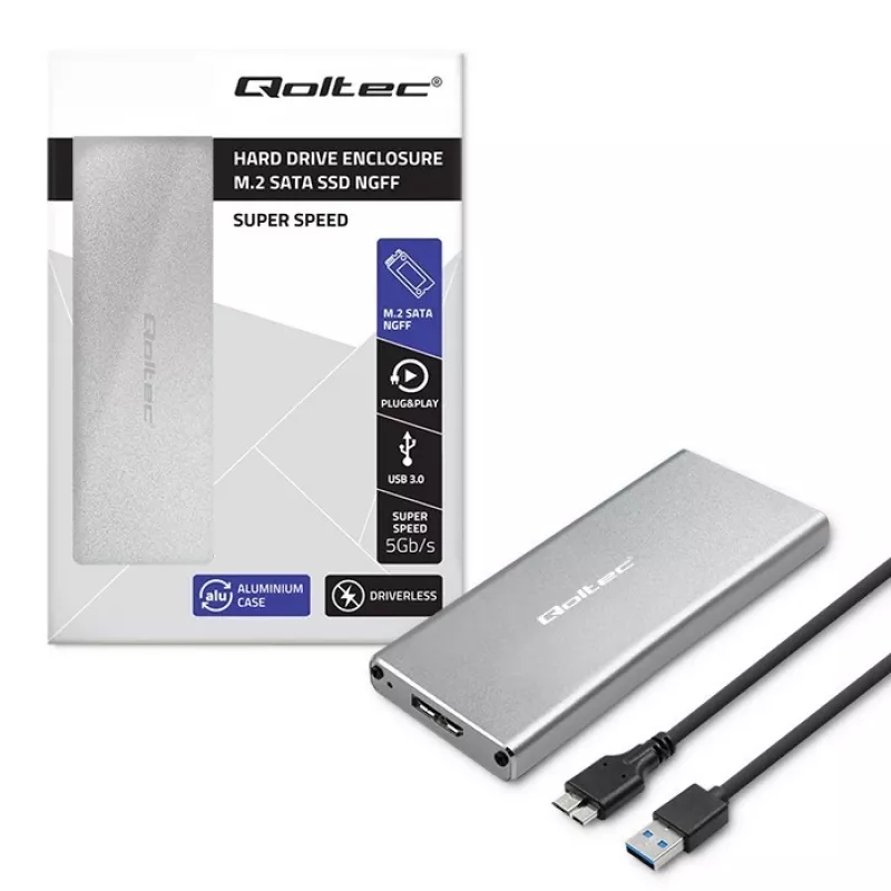 Aliumininis korpusas QOLTEC 51833, skirtas M.2 SATA SSD, SATA į USB 3.0, palaiko iki 2 TB