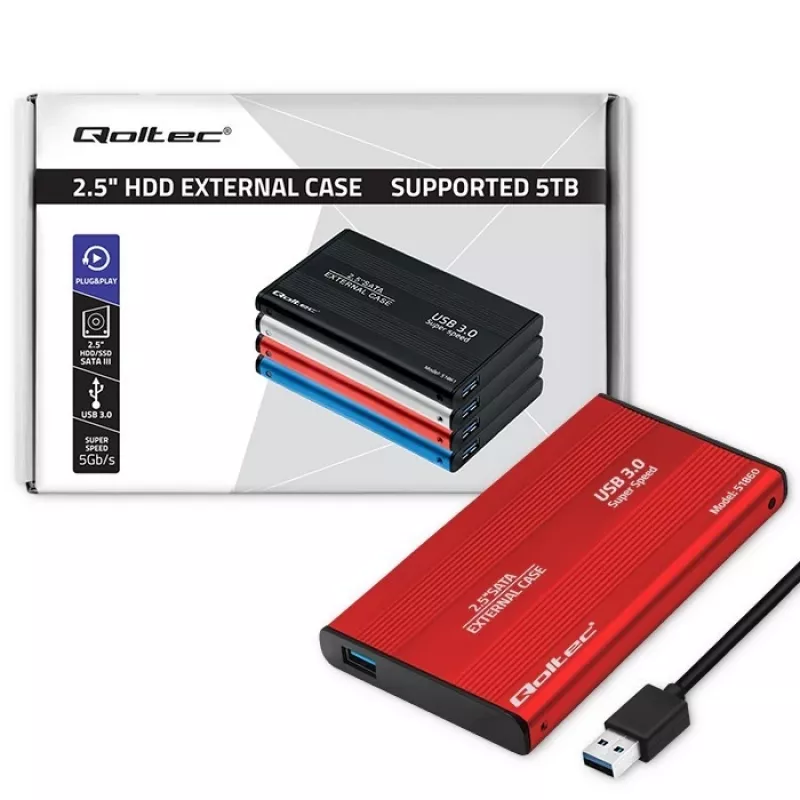 Išorinis dėklas HDD/SSD QOLTEC 51860 2.5 colio SATA III, USB Type-A, 5 Gbit/s, aliuminis, raudonas