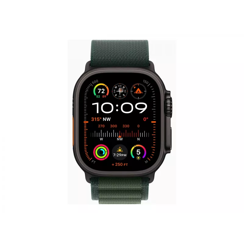 APPLE Watch Ultra 2 GPS + Cellular 49mm juodas titano korpusas su tamsiai žaliu Alpine Loop dirželiu - didelis