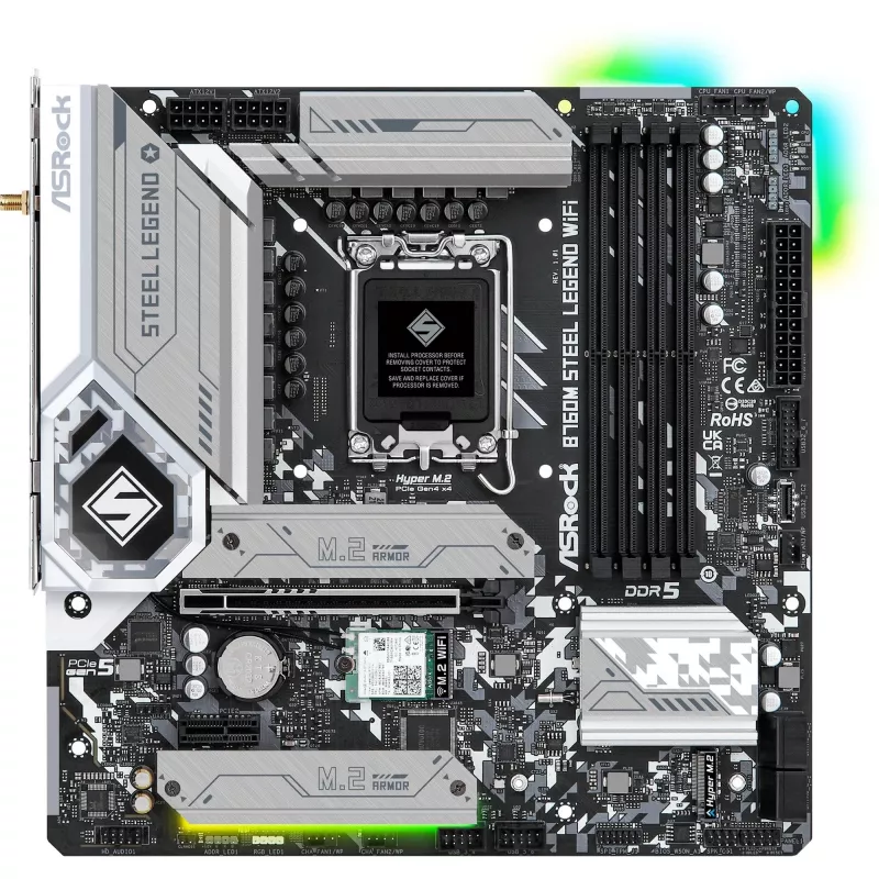 Motininė plokštė ASRock B760M Steel Legend WiFi — Intel B760, LGA 1700, micro ATX, DDR5, 4 DIMM, 128GB, Wi‑Fi 6E, 2.5Gb LAN
