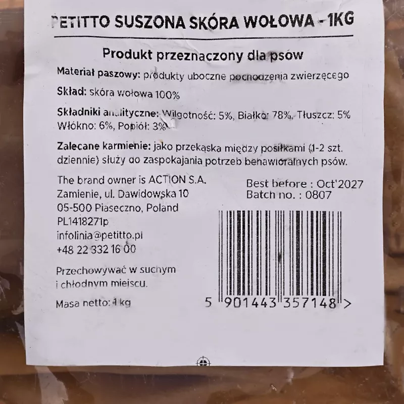 Šunų skanėstai PETITTO džiovinta jautienos oda, 1 kg pakuotė