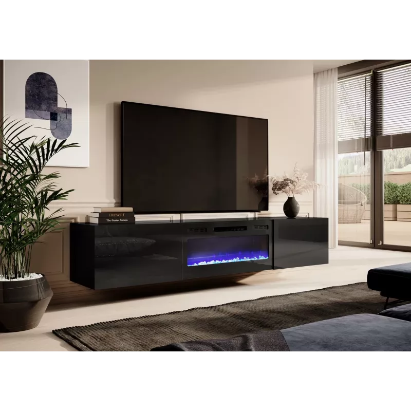 Spintelė televizoriui Cama Meble SLIDE 200K su elektriniu židiniu 200×40×37 cm blizgi juoda, MDF durys, medžio drožlių plokštės rėmas