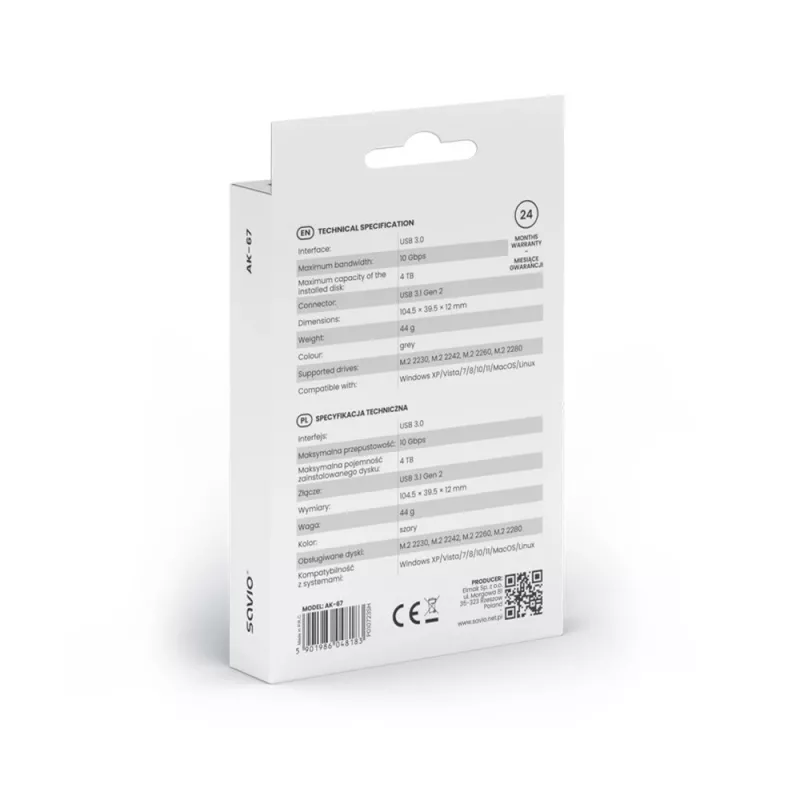 M.2 SSD korpusas SAVIO AK-67 Pilka, USB 10 Gbit/s, vieno M.2 disko palaikymas