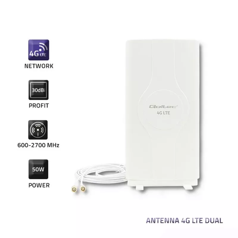 Qoltec 57013 aplinkui spinduliuojanti 4G LTE vidinė antena, 2x SMA, 0,6-2,7 GHz, 30 dBi, vertikali poliarizacija, 50 Ω, baltas ABS