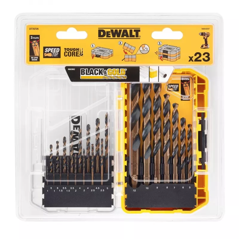 DeWalt DT70729-QZ 23 dalių juodų ir auksinių metalo grąžtų rinkinys