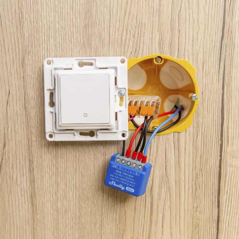 Išmanusis jungiklis Shelly 1 Mini Gen4 1P belaidis 110–240 V 50–60 Hz 1.2 W Bluetooth Wi‑Fi ZigBee 34×16×29 mm