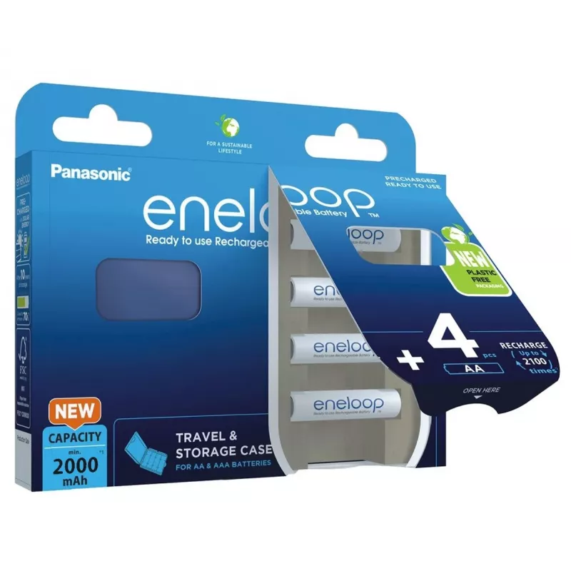 Įkraunamos baterijos PANASONIC ENELOOP AA 2000 mAh 4 vnt. su dėklu (BK-3MCDE/4CP+CASE)