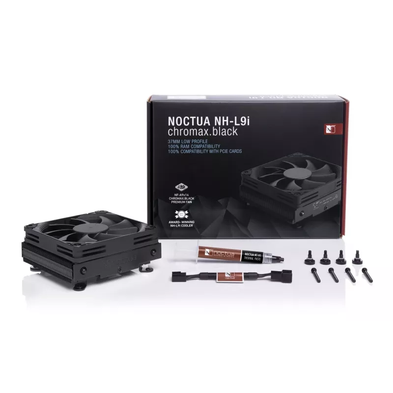 CPU aušintuvas Noctua NH-L9i chromax.black, žemo profilio 92 mm ventiliatorius, LGA1151/LGA115x/AM4 palaikymas, 37 mm aukštis, 95x95 mm radiatorius