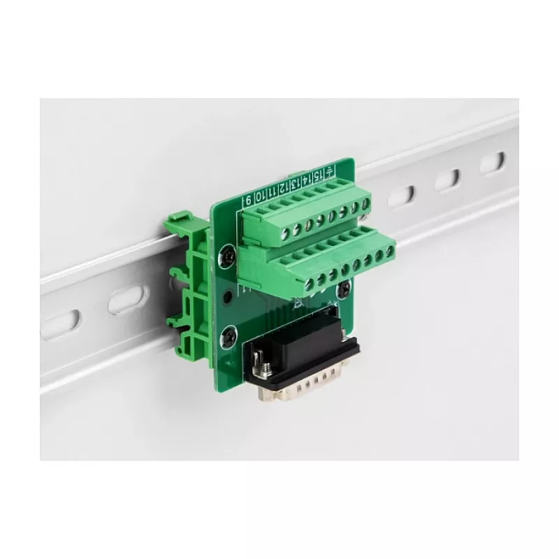 DeLOCK D-Sub 15 pinų moteriškas adapteris į gnybtų bloką DIN bėgiui 58 mm × 61 mm × 30 mm