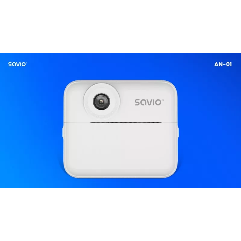 Momentinė spausdinimo kamera SAVIO AN-01 vaikams, balta, 2,4 colio LCD, MicroSDHC iki 32 GB, USB-C, 1200 mAh baterija, be įmontuotos blykstės