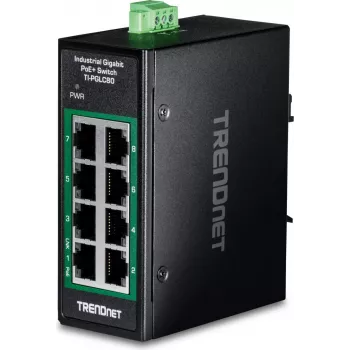 TRENDnet 8-Port Pramoninis Gigabit PoE+ DIN-Bėgio Mini Jungiklis (TI-PGLC80)