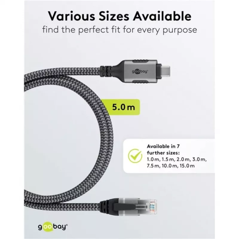 Goobay 70752 USB-C 3.1 į RJ45 Ethernet kabelis, Cat6 F/UTP, 5 m, juodas/sidabrinis