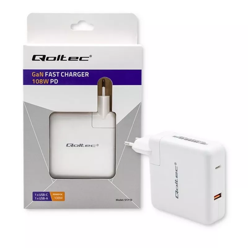 Qoltec GaN Charger FAST 108W | 5-20V | 3-4.7A | USB C | Baltas