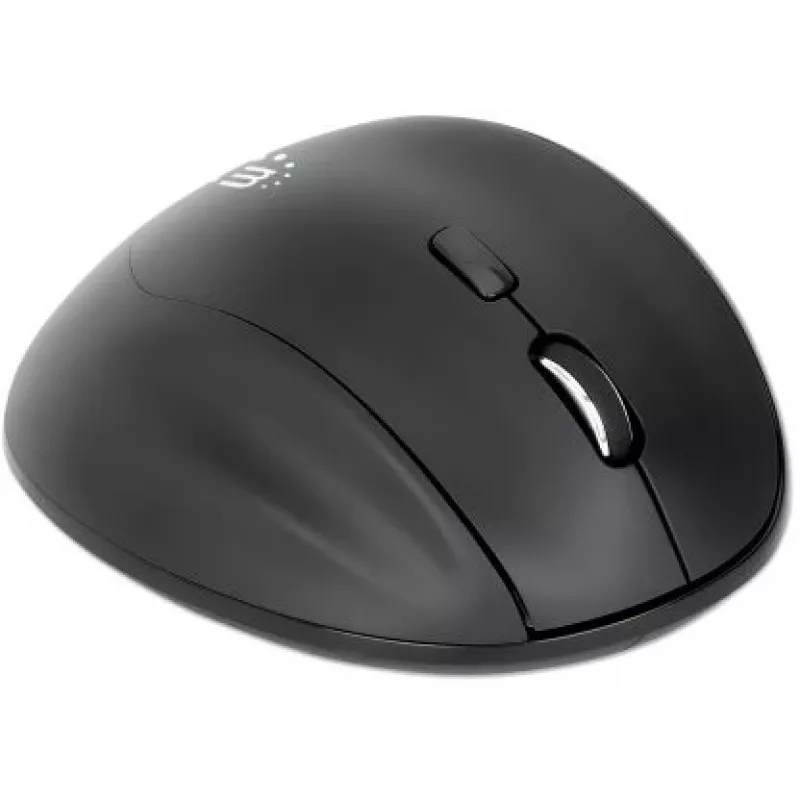 Manhattan ergonominė belaidė pelė, dešiniarankiams, reguliuojama 800/1200/1600 dpi, 2,4 GHz (iki 10 m), šeši mygtukai su slinkimo ratuku, kombinuotas USB-A ir USB-C imtuvas, juoda, AA baterija (įtraukta), trejų metų garantija