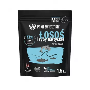 Sausas šunų ėdalas PAKA ZWIERZAKA Salmon with Baltic Fish M – suaugusių didelių veislių priežiūrai, be grūdų, 29% baltymų, 1,5 kg