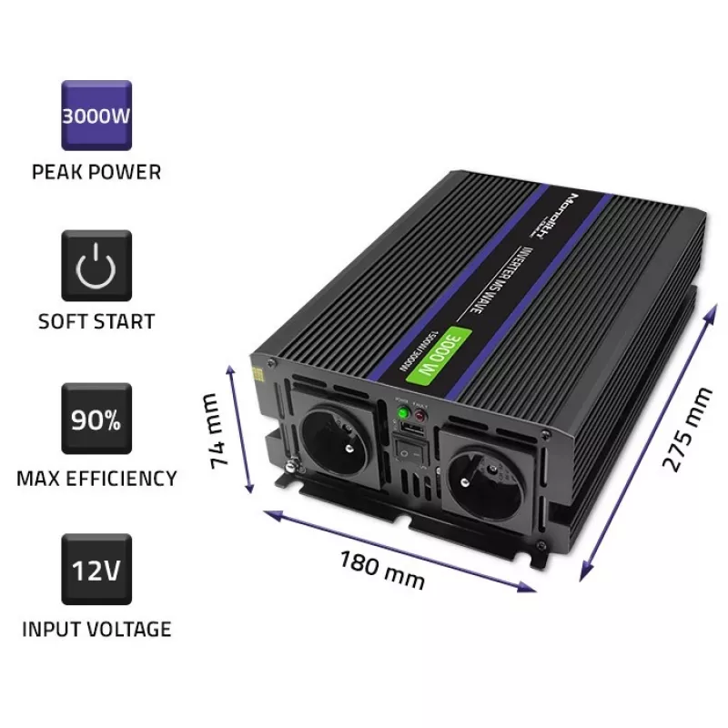 QOLTEC Monolith 3000 MS Wave keitiklis, 12V→230V, 1500/3000W, su USB