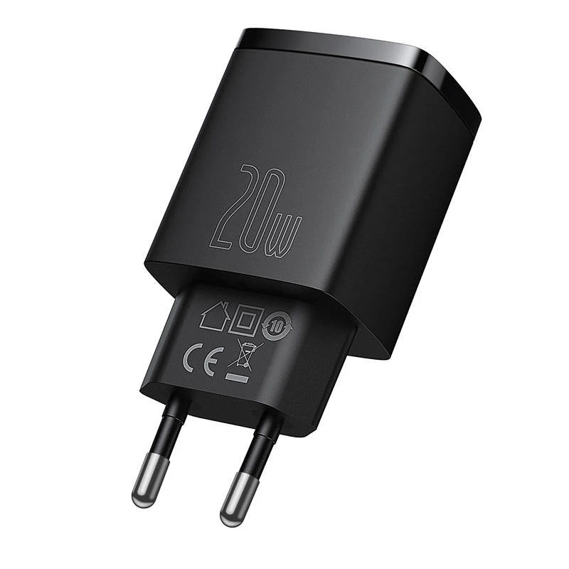 Vidinis USB greitasis įkroviklis Baseus CCXJ-B01 — 2 prievadai (USB-C PD 20W + USB-A QC3.0 18W), 100–240V, juodas