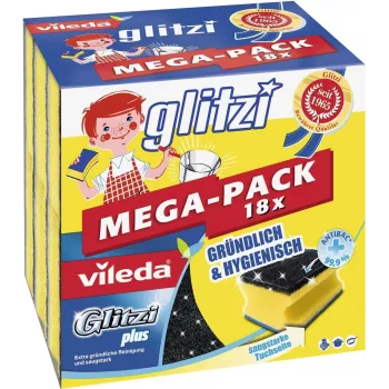 Valymo kempinė VILEDA Glitzi plus MEGA-PACK 18x – abrazyvinių kempinių rinkinys indams ir paviršiams