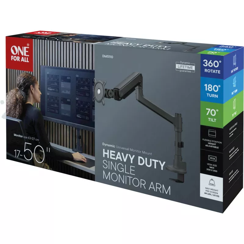 Universali sunkiasvorė monitoriaus rankena DM 5110 Single Heavy Duty, Monitor Mount juoda, skirta 43–127 cm (17–50 inch) monitoriams