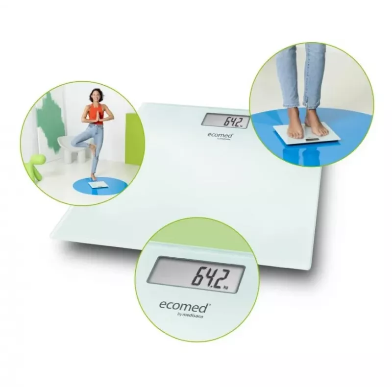 Svarstyklės asmeninės Ecomed by Medisana PS-72E – 150 kg, stiklinė platforma, balta