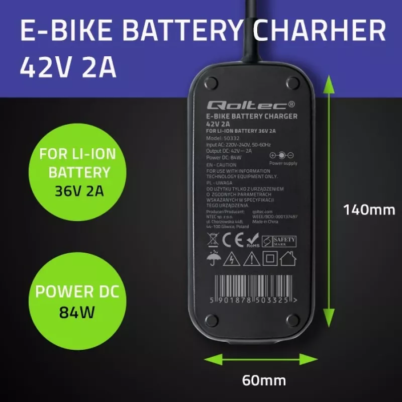 E-dviračio įkroviklis QOLTEC 50332 — 36V/42V, 2A, 5,5×2,1 mm