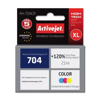 Kasetė ActiveJet AH-704CR suderinama su HP 704, XL didelės talpos, spalvota (Cyan/Magenta/Yellow), 21 ml, atnaujinta premium