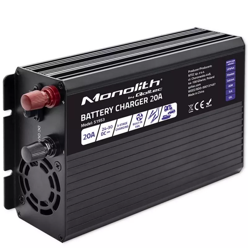 Qoltec Smart Monolith baterijų įkroviklis LiFePO4 AGM GEL SLA akumuliatoriams | 20A | 24V