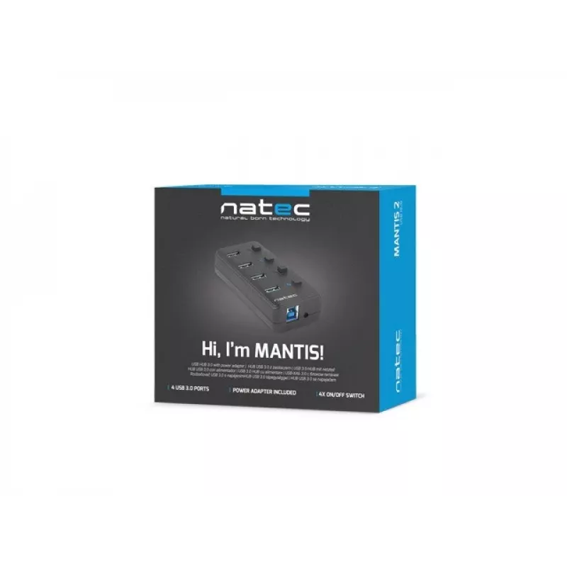 Natec Mantis 2 NHU-1557 USB 3.0 skirstytuvas 4 prievadų, USB Type-B įvestis, įjungimo/išjungimo mygtukai, maitinimo blokas, juodas