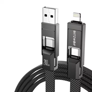4-in-1 kabelis BlitzWolf BW-HDC7 — USB-C, Lightning, USB-A, Micro-USB 1,2 m 240 W juodas