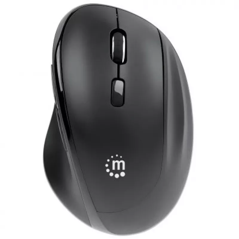 Manhattan ergonominė belaidė pelė, dešiniarankiams, reguliuojama 800/1200/1600 dpi, 2,4 GHz (iki 10 m), šeši mygtukai su slinkimo ratuku, kombinuotas USB-A ir USB-C imtuvas, juoda, AA baterija (įtraukta), trejų metų garantija