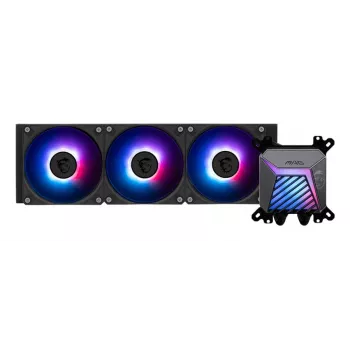 Vandens aušintuvas MSI MAG Coreliquid A15 360 — 3x 120 mm ventiliatoriai, radiatorius 394 x 120 x 27 mm, siurblys 5V, RGB, palaiko LGA 1851