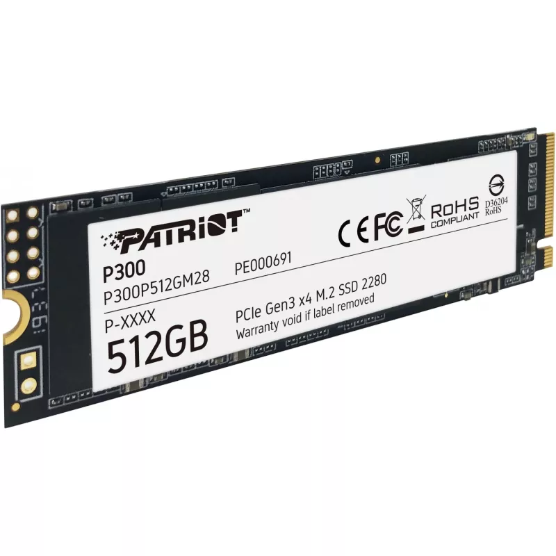 Vidinis SSD PATRIOT P300 512 GB M.2 PCIe NVMe — Skaitymas 1700 MB/s, Rašymas 1200 MB/s, 3D NAND, 3.8 mm, TBW 240