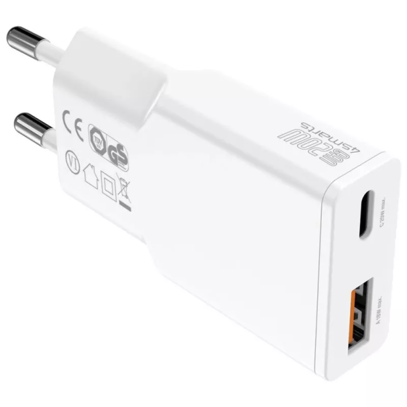 AC vidinis mobiliųjų įrenginių įkroviklis 4smarts 541509 — 100–240V, USB-A + USB-C, 1,5 m laidas, greitas įkrovimas, baltas