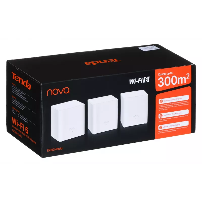 „Mesh“ Wi‑Fi sistema TENDA EX3-3, 3 vnt., dviejų juostų 2,4/5 GHz, Wi‑Fi 6, iki 1201+300 Mbps, 2 vidinės antenos, WPA3