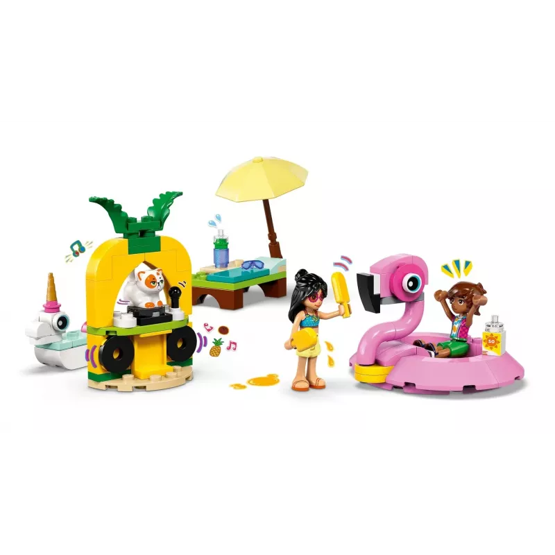Konstruktorius LEGO Friends 42658 Baseinas su vienaragiu ir flamingo, personažai ir aksesuarai