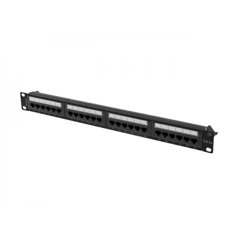 Pataisų skydas 1U LANBERG PPUA-1024-B, 24 prievadai, Cat6a, U/UTP, 1U stovas, gylis 102 mm, metalinis, juodas