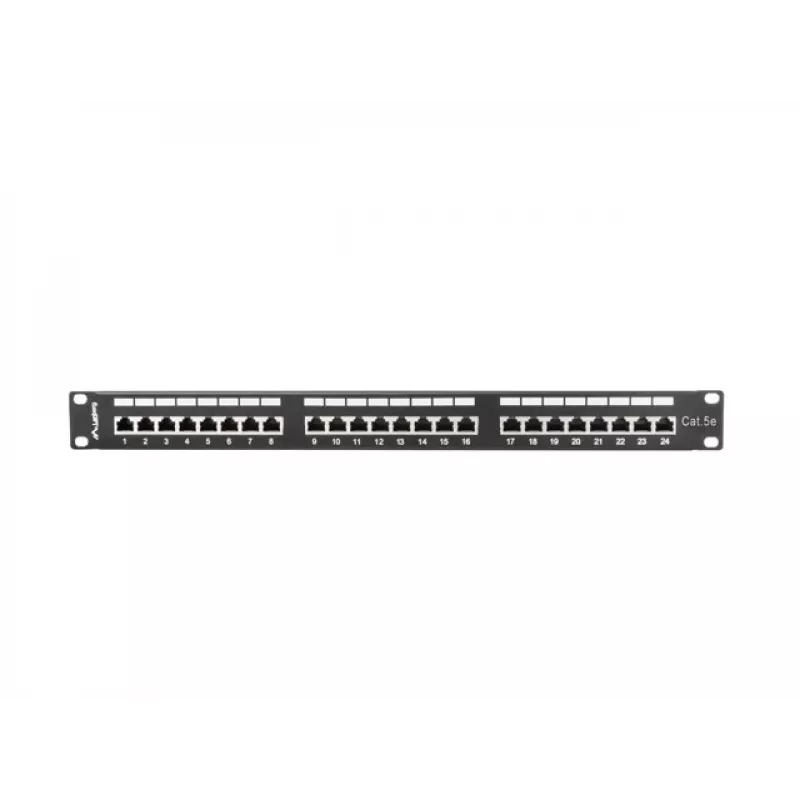 Patch panel 1U LANBERG PPS5-1024-B — 24 prievadų RJ-45 Cat5, metalinis, juodas, montavimui į stelažą