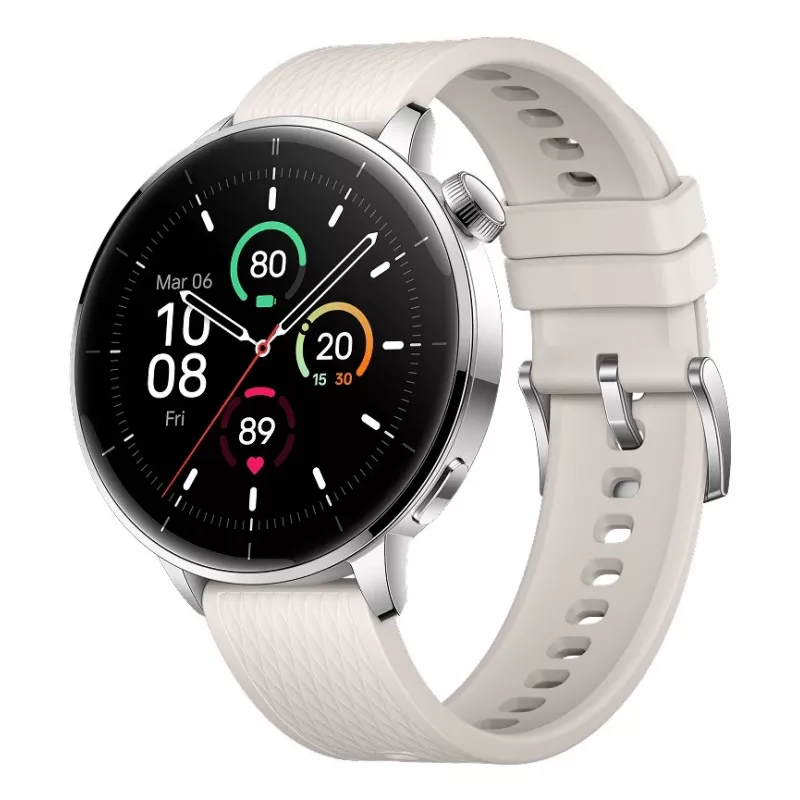 Išmanusis laikrodis ONEPLUS OnePlus Watch 3 43 mm, 1,32 colio AMOLED 466 × 466, titanas/sidabras, balta guminė juostelė, GPS, „Wi‑Fi“